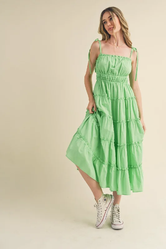 Women's midi dress mama chic -Lime Tiered Tie Strap Midi Dress