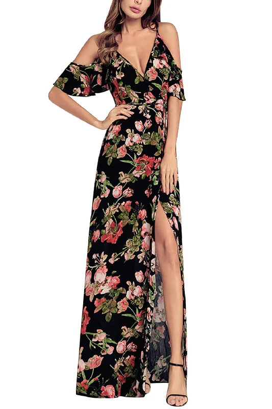 Women's floral dress sprout bloom -Iyasson V-Neck Floral Print Off Shoulder Maxi Dress