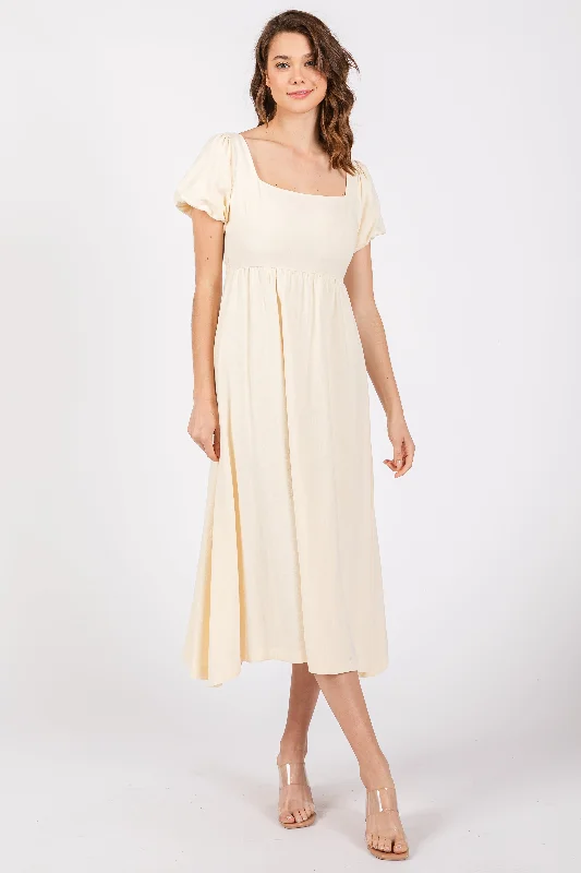 Women's midi dress calf pop -Ivory Puff Sleeve Linen Midi Dress