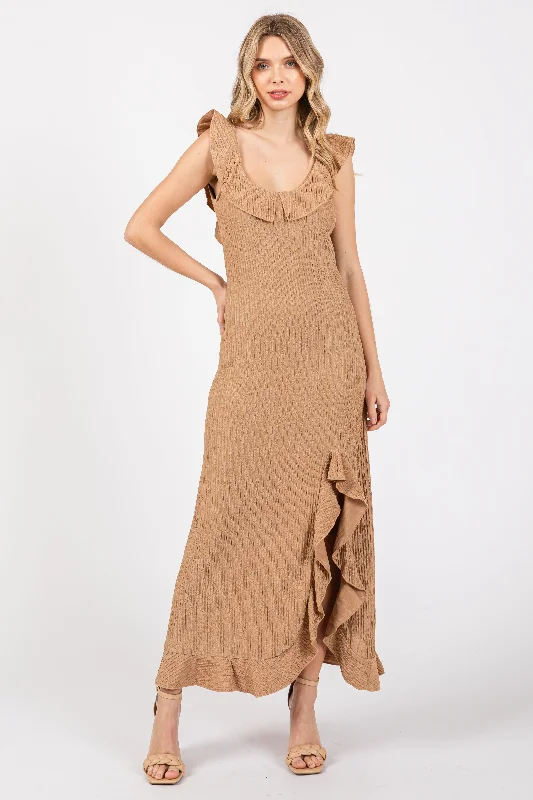 Women's floral dress web chic -Mocha Textured Sleeveless Ruffle Slit Maxi Dress