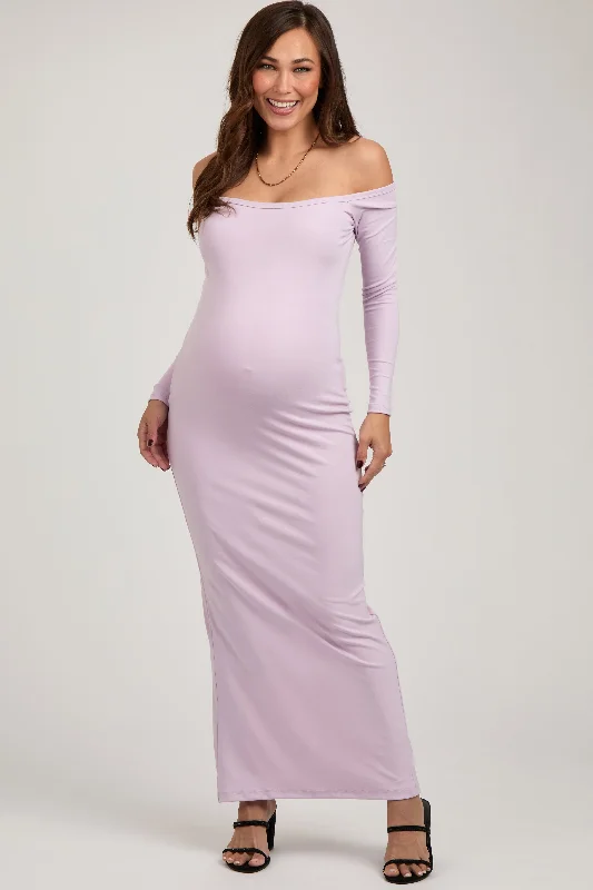 Women's floral dress shop pop -Lavender Off Shoulder Long Sleeve Maternity Maxi Dress