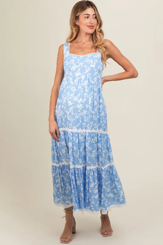 Women's floral dress punchy flair -Light Blue Floral Lace Trim Tiered Maternity Maxi Dress