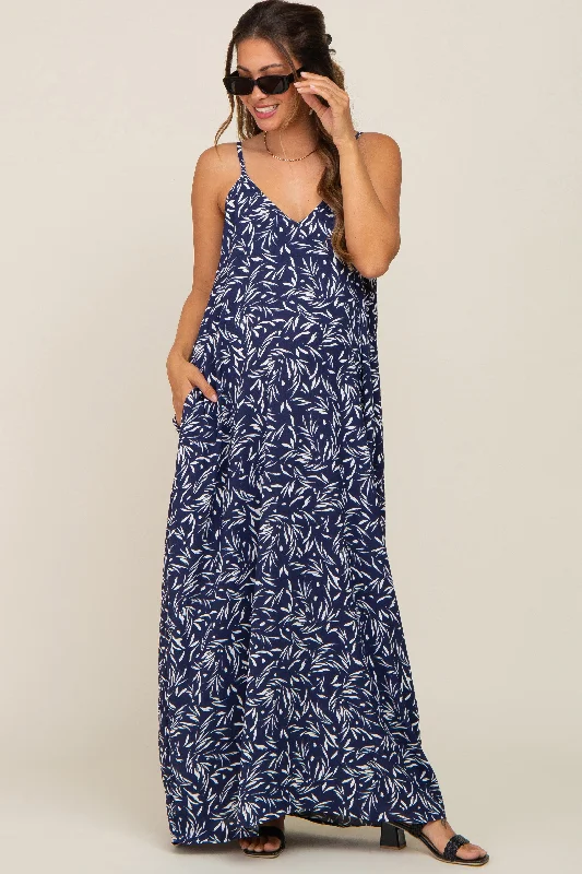 Women's floral dress full bloom -Navy Leaf Print Double V-Neck Maternity Maxi Dress