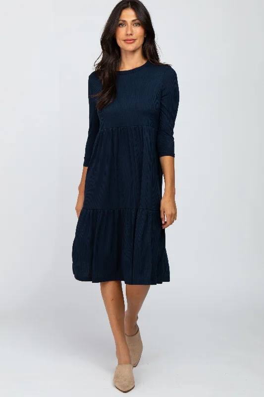 Women's midi dress neat pop -Navy Tiered Ribbed 3/4 Sleeve Midi Dress