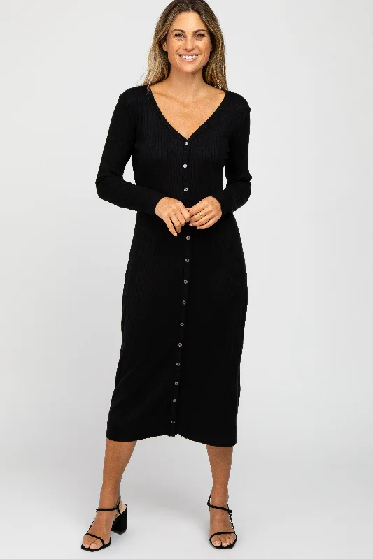 Women's midi dress rise glow -Black Ribbed Button Front Midi Cardigan Dress