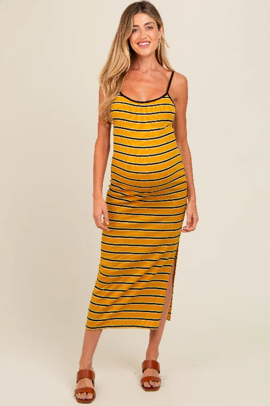 Women's midi dress hub pop -Yellow Striped Ribbed Side Slit Maternity Midi Dress