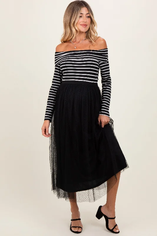 Women's floral dress plush chic -Black Striped Off Shoulder Contrast Knit Mesh Maternity Maxi Dress