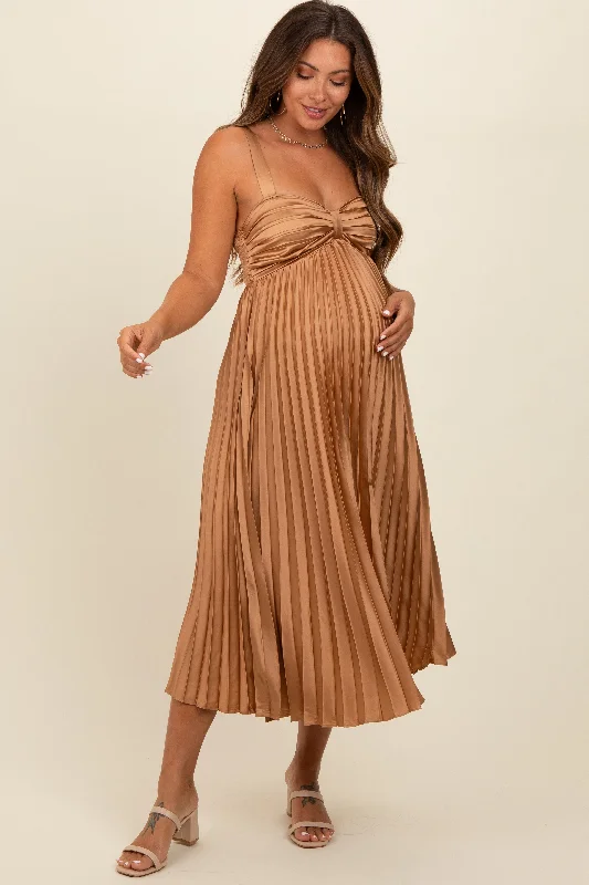 Women's midi dress wet pop -Gold Satin Pleated Sweetheart Maternity Midi Dress