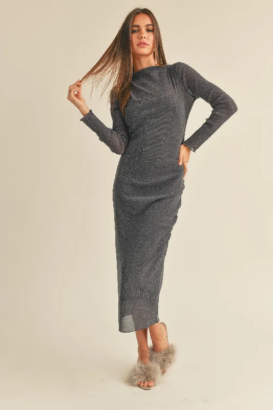 Women's midi dress roar glow -Charcoal Shimmer Mesh Long Sleeve Ruched  Midi Dress