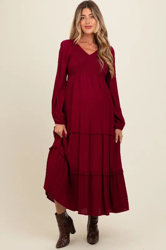 Women's midi dress fam pop -Burgundy Smocked Tiered Maternity Midi Dress