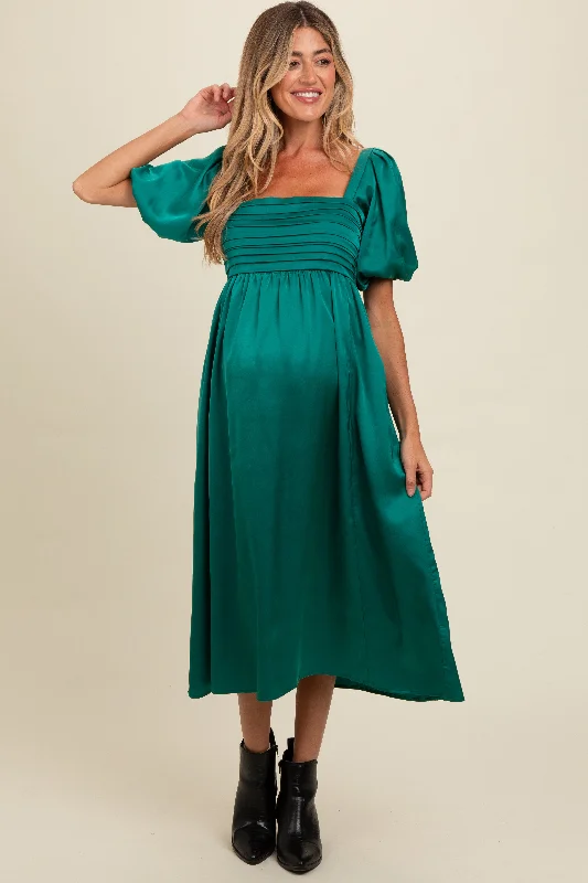 Women's midi dress mid chic -Emerald Green Satin Pleated Bodice Puff Sleeve Maternity Midi Dress