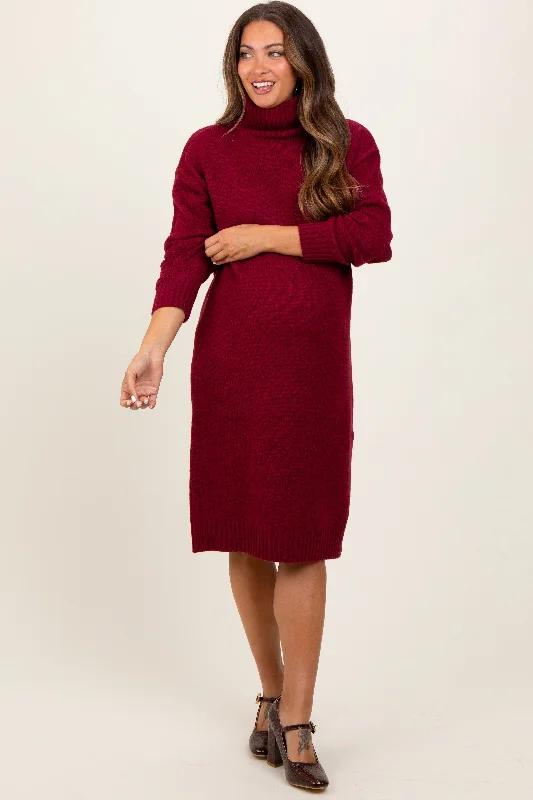 Women's midi dress lane chic -Burgundy Turtleneck Side Slit Maternity Midi Sweater Dress