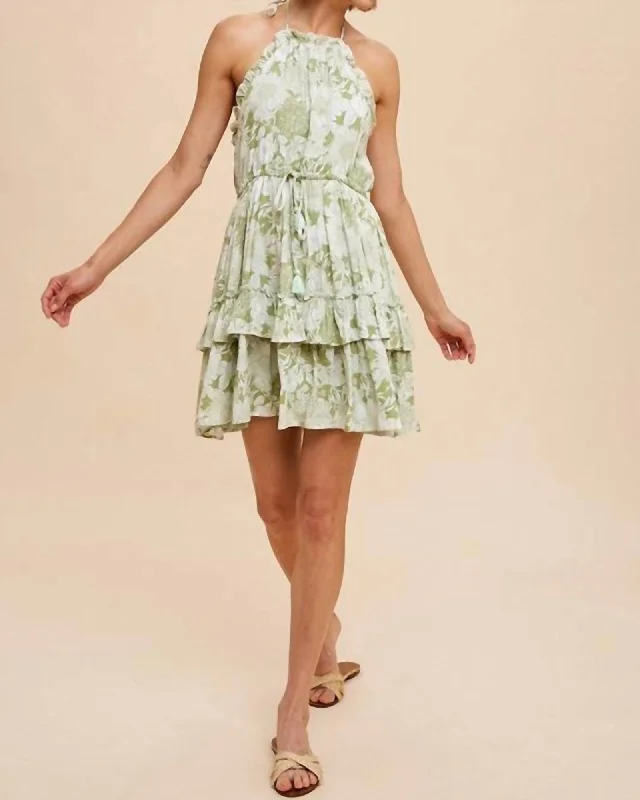 ladies-floral-dress-breathable-bud-Natalia Tiered Floral Halter Dress In Green | Green