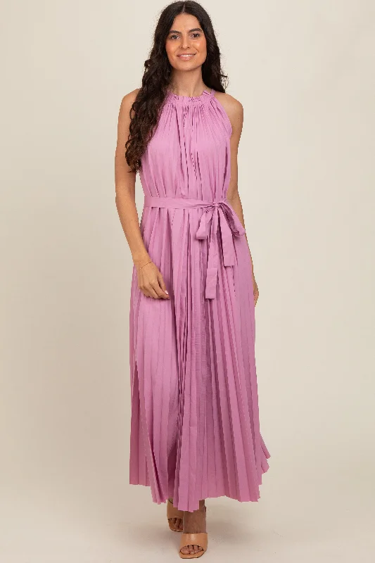 Women's midi dress wild glow -Pink Pleated Empire Tied Waist Midi Dress