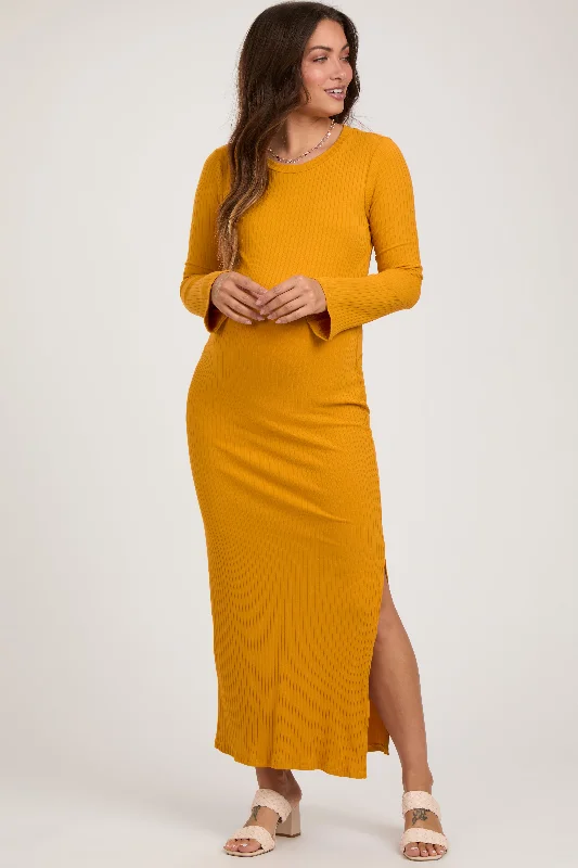 Women's floral dress glee chic -Yellow Ribbed Side Slit Maternity Maxi Dress