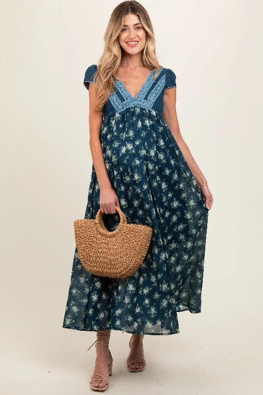 Women's floral dress loop bloom -Navy Blue Floral Lace V-Neck Maternity Maxi Dress