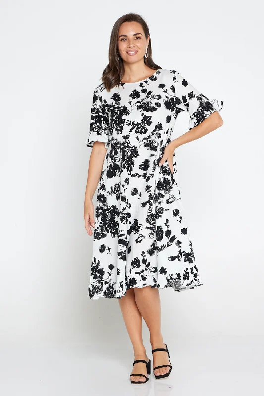 ladies-floral-dress-light-lily-Nasira Cotton Dress - White/Black Floral