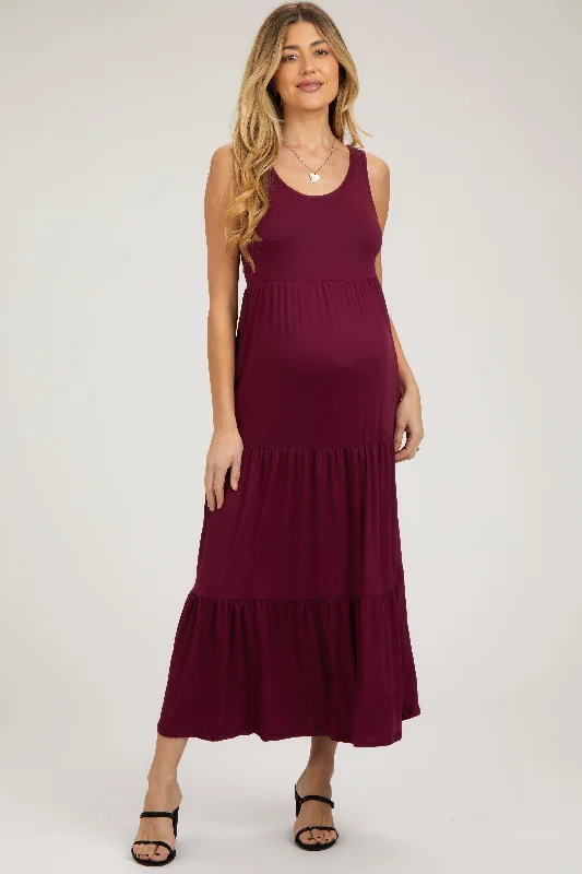 Women's floral dress midi flair -Burgundy Sleeveless Scoop Back Tiered Maternity Maxi Dress