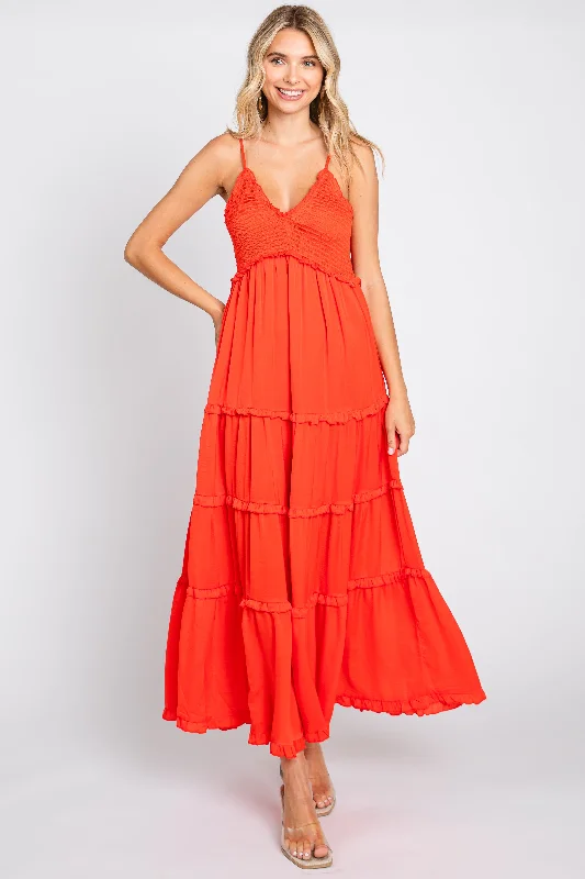 Women's floral dress quirk bloom -Red Orange Smocked Ruffle Tiered Maxi Dress