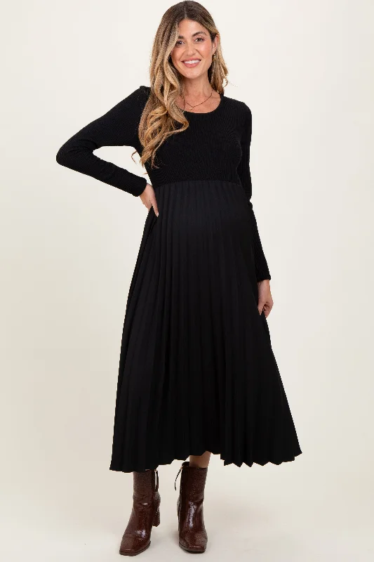 Women's midi dress hub pop -Black Knit Contrast Pleated Skirt Maternity Midi Dress