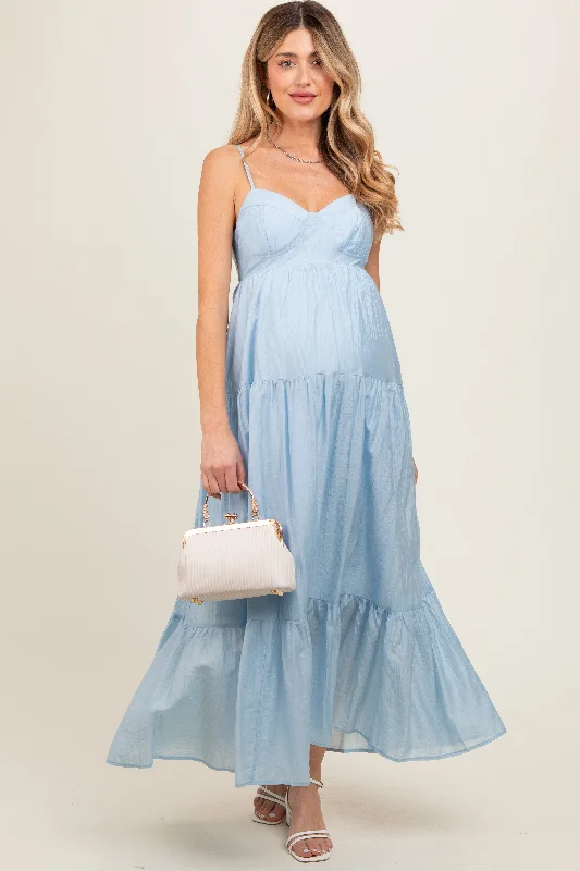 Women's floral dress sand glow -Light Blue Sleeveless Tiered Maternity Maxi Dress