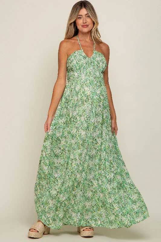 Women's floral dress sleek glow -Green Floral Halter Neck Maternity Maxi Dress