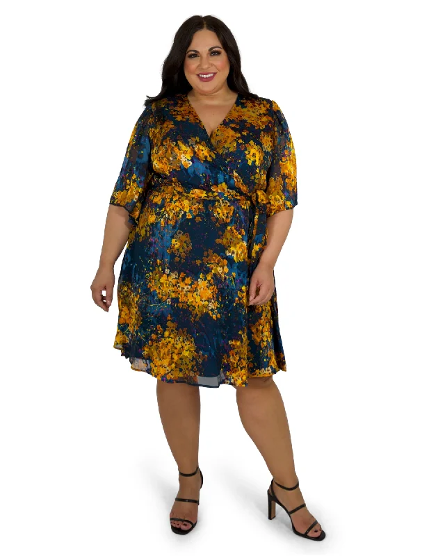 ladies-floral-dress-periwinkle-petal-Floral Burnout Faux Wrap Dress | Blue/Gold