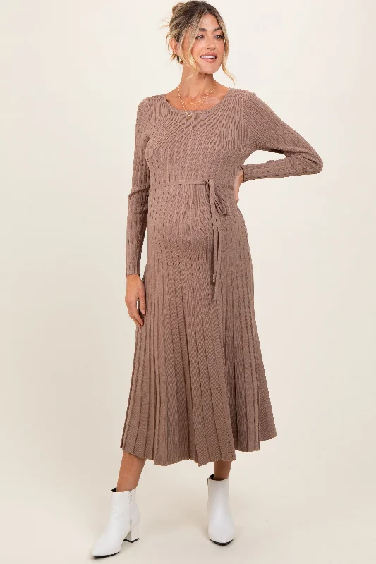 Women's midi dress gap pop -Mocha Pleated Waist Tie Maternity Midi Sweater Dress