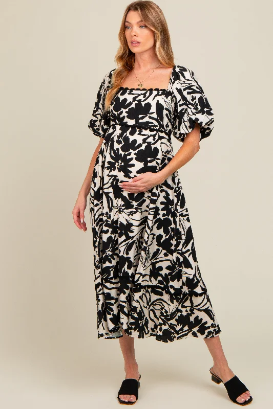 Women's midi dress boom flair -Black Floral Scallop Trim Maternity Midi Dress