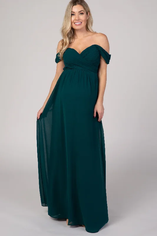 Women's floral dress talk chic -PinkBlush Forest Green Off Shoulder Chiffon Maxi Maternity Dress