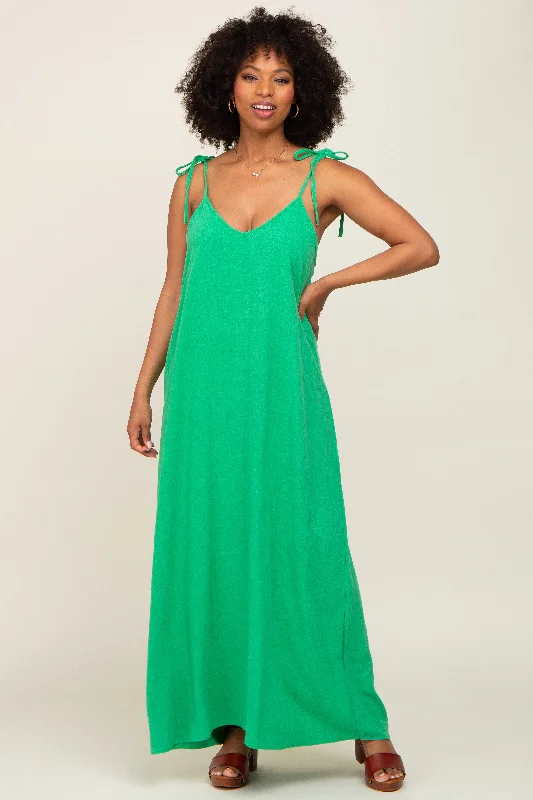 Women's floral dress midi flair -Green Linen V-Neck Tie Strap Maxi Dress