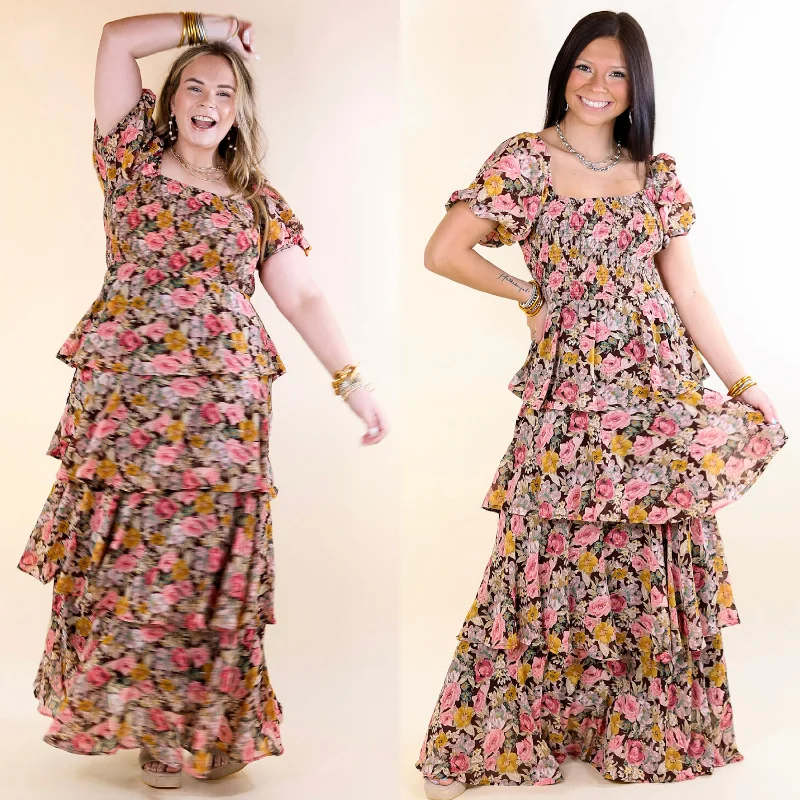 Women's floral dress joy flair -Fun Feeling Floral Tiered Maxi Dress with Smocked Balloon Sleeves in Brown Mix