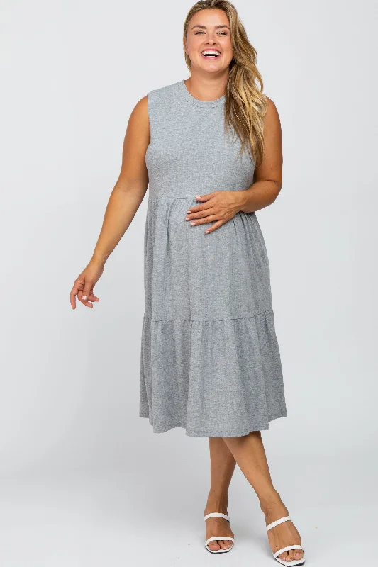 Women's midi dress web glow -Heather Grey Ribbed Sleeveless Plus Maternity Midi Dress