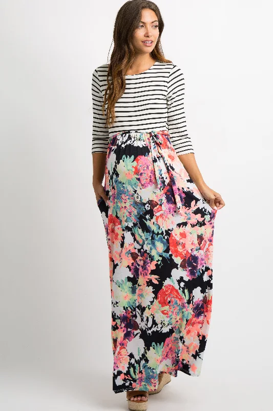 Women's floral dress past flair -PinkBlush Navy Blue Neon Floral Striped Colorblock Maternity Maxi