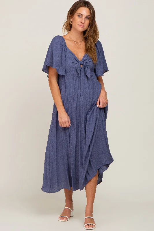 Women's midi dress then chic -Navy Front Tie Ruffle Sleeve Midi Dress