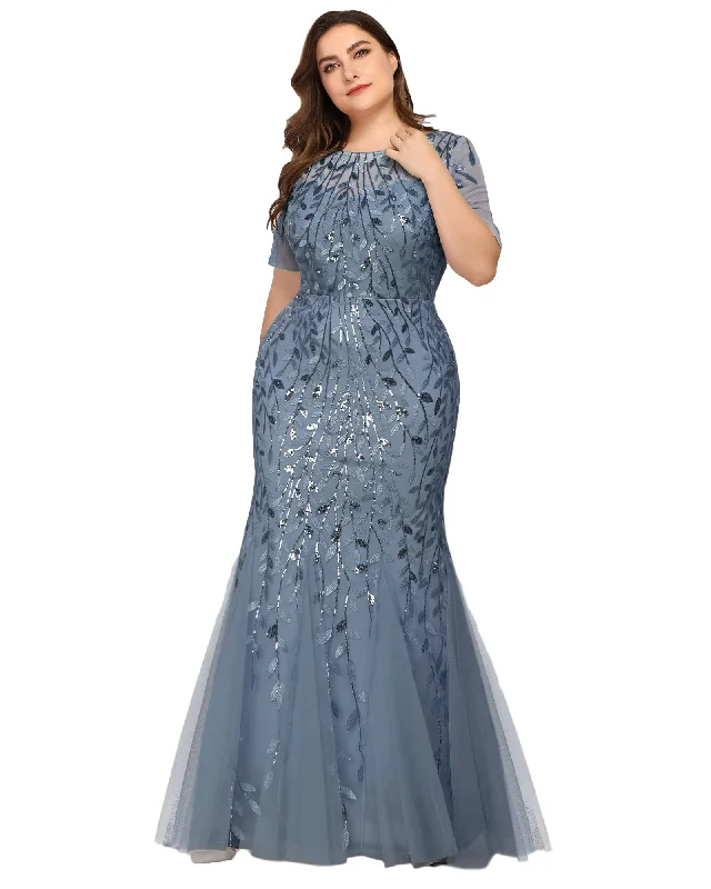 ladies-floral-dress-bold-bloom-Floral Sequin Mermaid Tulle Evening Dress | Dusty Navy