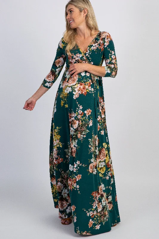 Women's floral dress ice bloom -PinkBlush Green Rose Print Sash Tie Maternity Maxi Dress