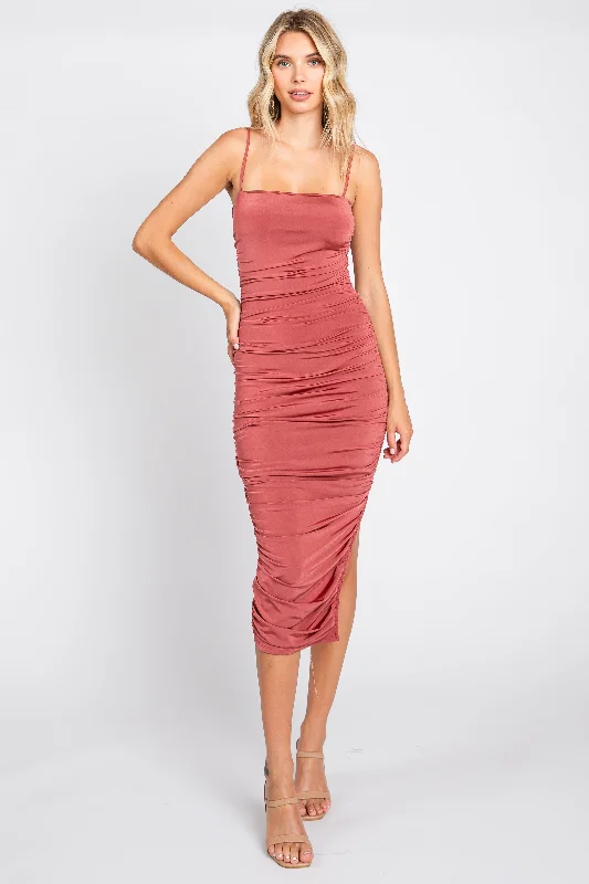 Women's midi dress thread pop -Rust Ruched Side Slit Midi Dress