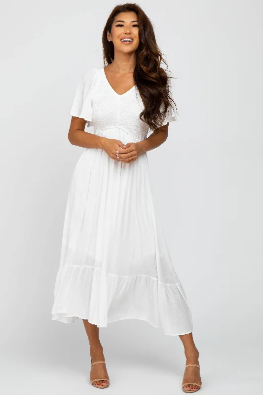 Women's midi dress bloom pop -Ivory Smocked V-Neck Midi Dress