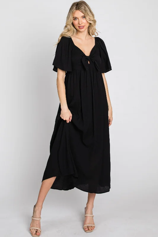 Women's midi dress net chic -Black Front Tie Ruffle Sleeve Midi Dress