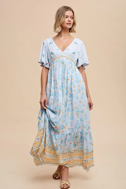 Women's floral dress smooth pop -Light Blue Floral Flounce Sleeve Maxi Dress