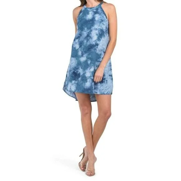 ladies-mini-dress-embroidered-edge-Cynthia Rowley Women's Linen Tie Dye Print Hi-Low Hem Halter Mini Dress