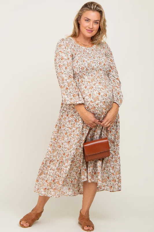 Women's midi dress ease pop -Cream Floral Smocked 3/4 Sleeve Maternity Plus Midi Dress