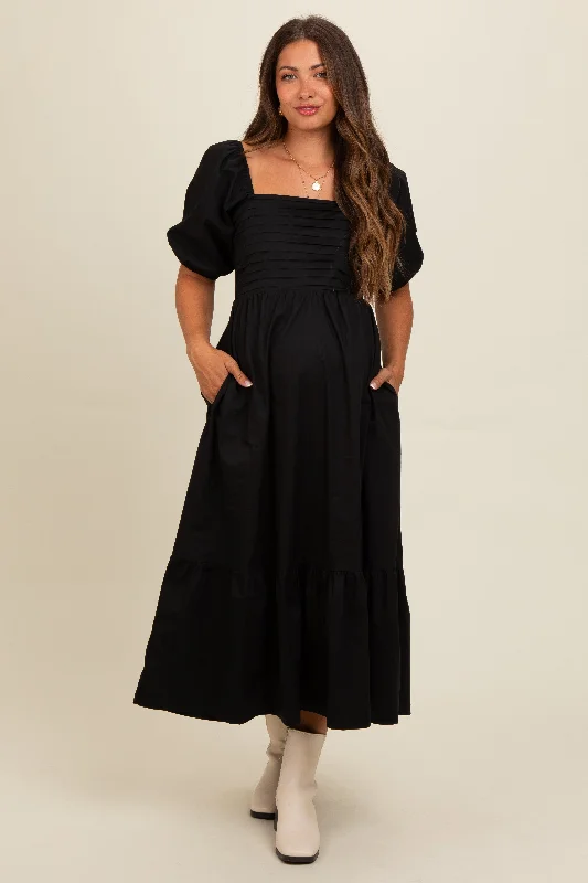 Women's midi dress egg glow -Black Pleated Bodice Puff Sleeve Maternity Midi Dress