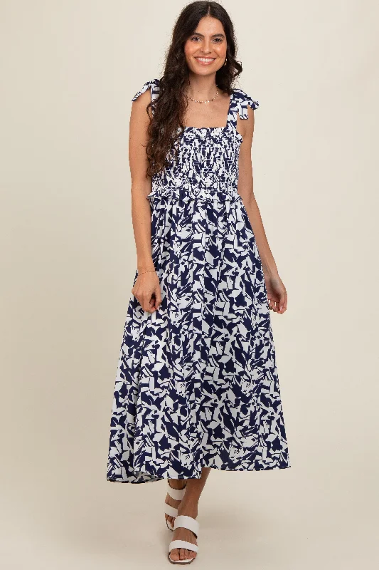 Women's midi dress gap pop -Navy Printed Smocked Shoulder Tie Midi Dress