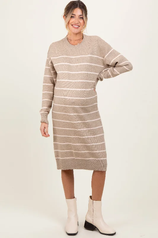 Women's midi dress fresh chic -Beige Striped Maternity Midi Sweater Dress