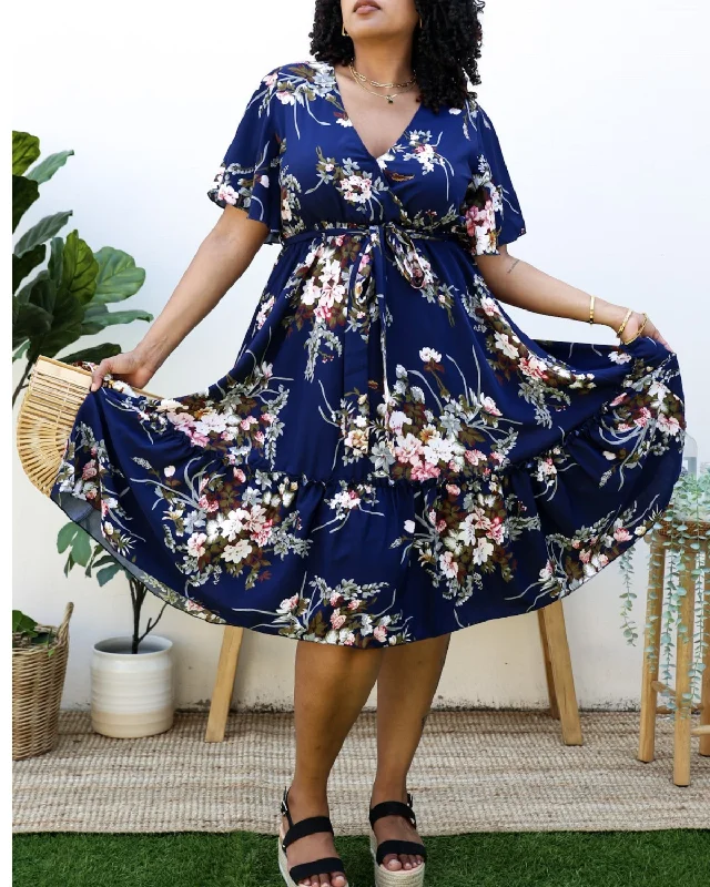 Women's floral dress brim chic -Anna Kaci Plus Size V Neck Floral Print Flowy Navy Maxi Dress - Jn4719