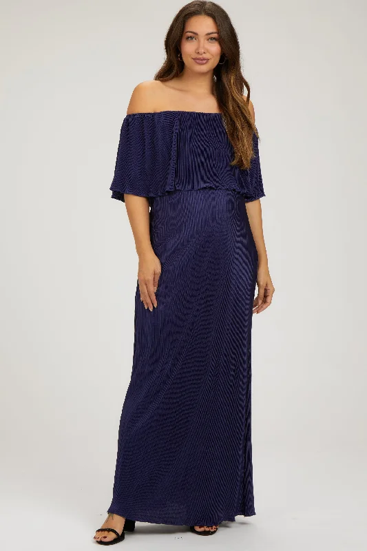 Women's floral dress wink pop -Navy Pleated Ruffle Off Shoulder Maternity Maxi Dress