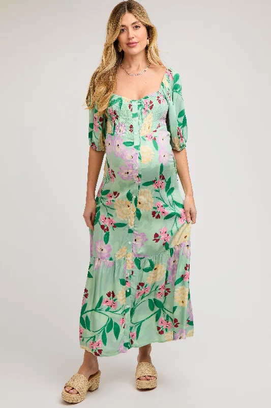 Women's floral dress void flair -Light Green Floral Front Button Maternity Maxi Dress