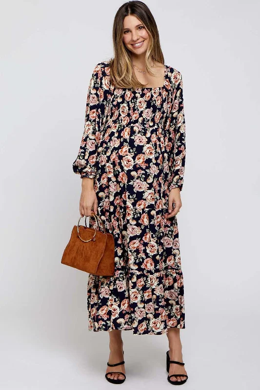 Women's floral dress lax glow -Navy Floral Long Sleeve Maternity Maxi Dress